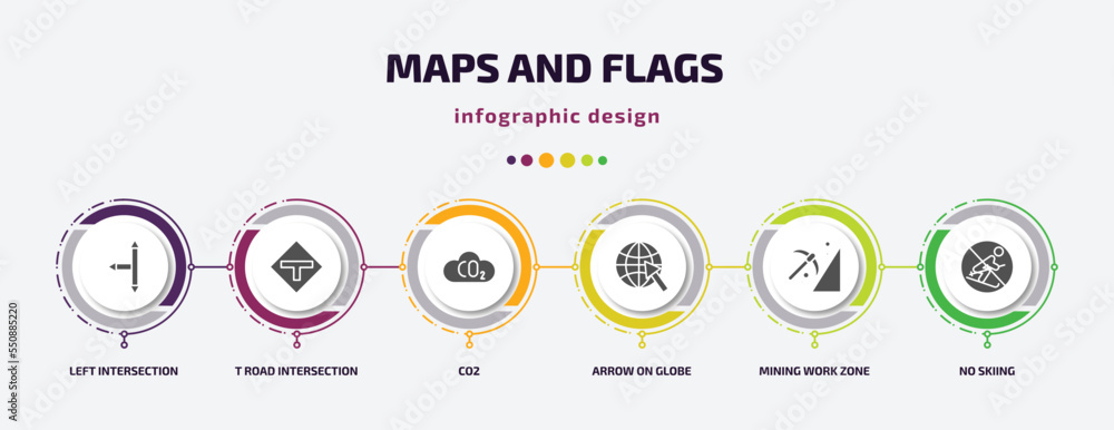 Poster maps and flags infographic element with filled icons and 6 step or option. maps and flags icons such