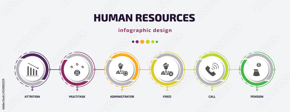 Poster human resources infographic element with filled icons and 6 step or option. human resources icons su