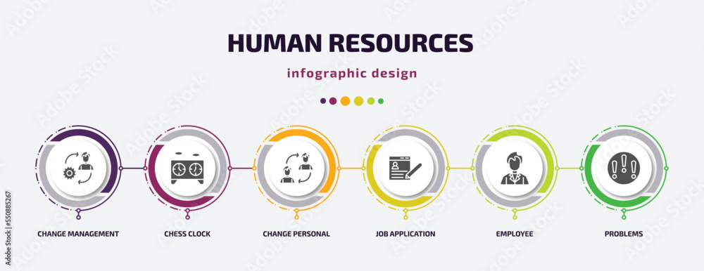 Poster human resources infographic element with filled icons and 6 step or option. human resources icons su