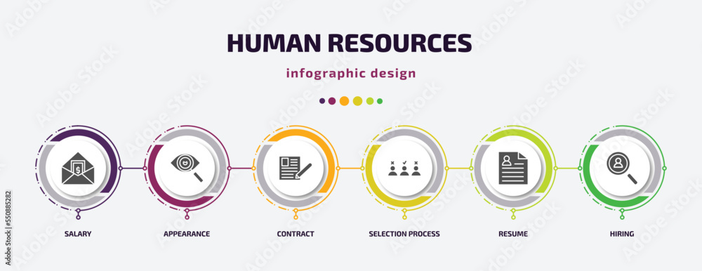 Poster human resources infographic element with filled icons and 6 step or option. human resources icons su