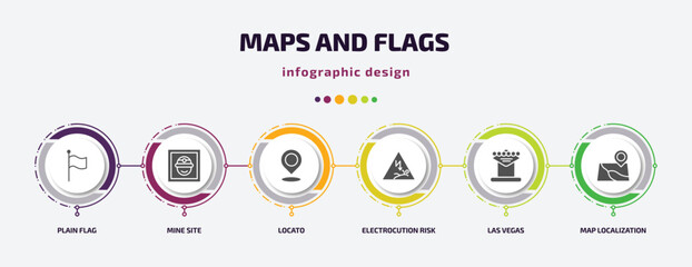 maps and flags infographic element with filled icons and 6 step or option. maps and flags icons such as plain flag, mine site, locato, electrocution risk, las vegas, map localization vector. can be