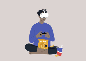 A young male African character wearing a VR headset, playing a video game console, and munching snacks, a wireless entertainment technology, modern lifestyle
