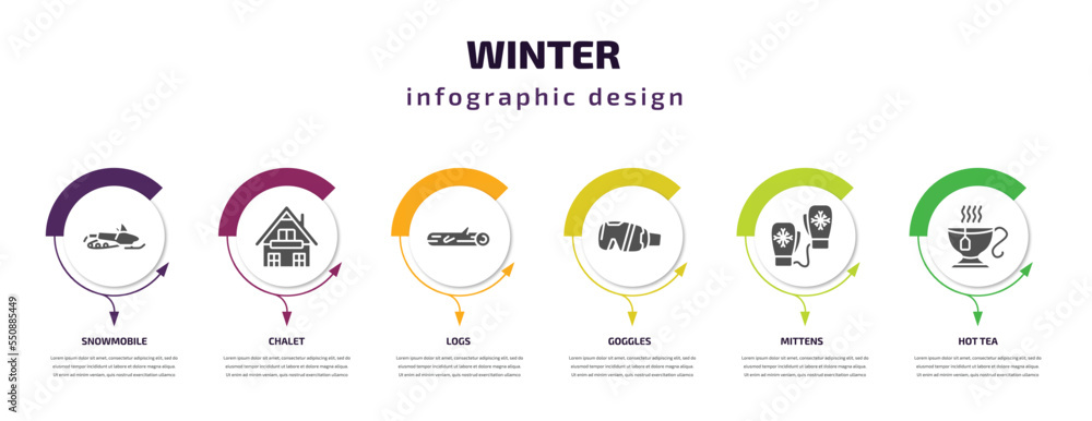 Poster winter infographic element with filled icons and 6 step or option. winter icons such as snowmobile, 