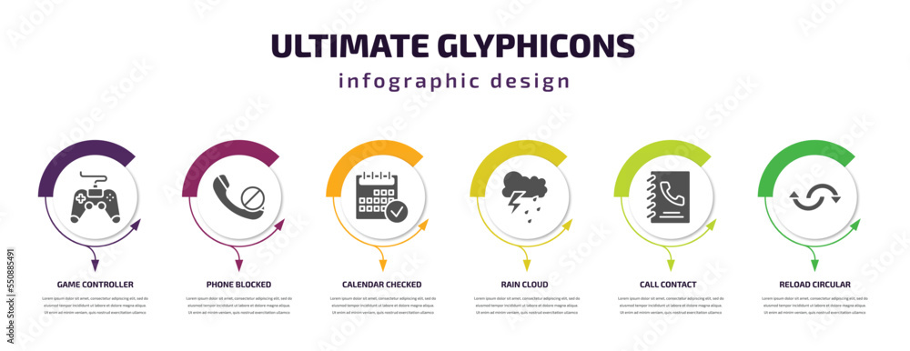 Poster ultimate glyphicons infographic element with filled icons and 6 step or option. ultimate glyphicons 