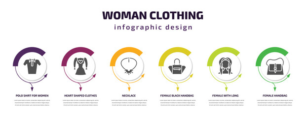 woman clothing infographic element with filled icons and 6 step or option. woman clothing icons such as polo shirt for women, heart shaped clothes, necklace, female black handbag, female with long