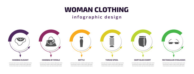 woman clothing infographic element with filled icons and 6 step or option. woman clothing icons such as handbag elegant, handbag of female, bottle, thread spool, skirt black short, rectangular