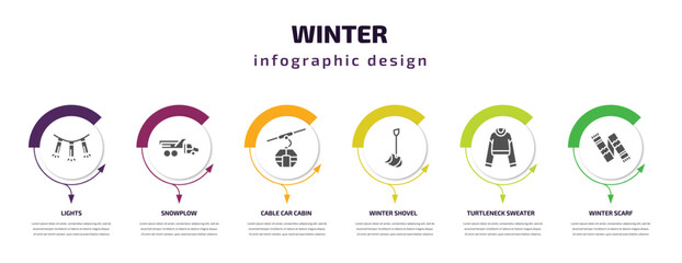 Fototapeta premium winter infographic element with filled icons and 6 step or option. winter icons such as lights, snowplow, cable car cabin, winter shovel, turtleneck sweater, scarf vector. can be used for banner,
