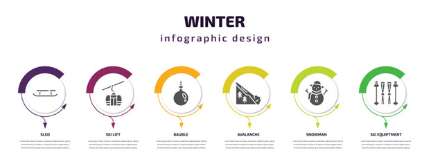 winter infographic element with filled icons and 6 step or option. winter icons such as sled, ski lift, bauble, avalanche, snowman, ski equiptment vector. can be used for banner, info graph, web.