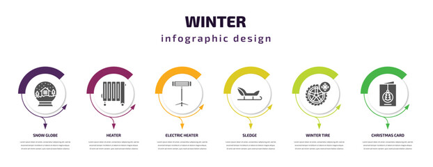 winter infographic element with filled icons and 6 step or option. winter icons such as snow globe, heater, electric heater, sledge, winter tire, christmas card vector. can be used for banner, info
