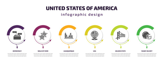 united states of america infographic element with filled icons and 6 step or option. united states of america icons such as democracy, walk of fame, albuquerque, usa, golden state, rugby helmet