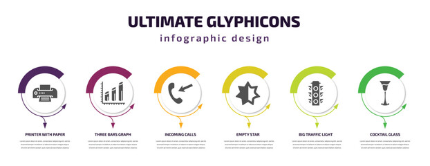 ultimate glyphicons infographic element with filled icons and 6 step or option. ultimate glyphicons icons such as printer with paper, three bars graph, incoming calls, empty star, big traffic light,