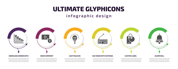 ultimate glyphicons infographic element with filled icons and 6 step or option. ultimate glyphicons icons such as download arrow with bar, video comment, light bulb on, old radio with antenna,
