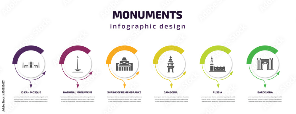 Poster monuments infographic element with filled icons and 6 step or option. monuments icons such as id kah