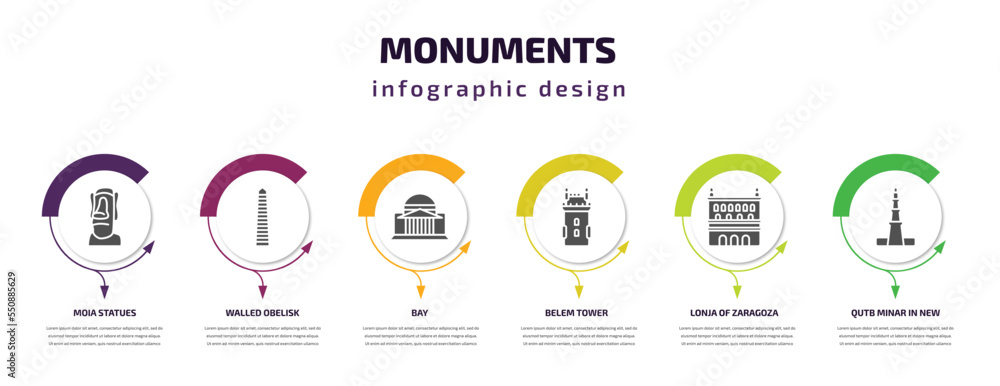 Poster monuments infographic element with filled icons and 6 step or option. monuments icons such as moia s