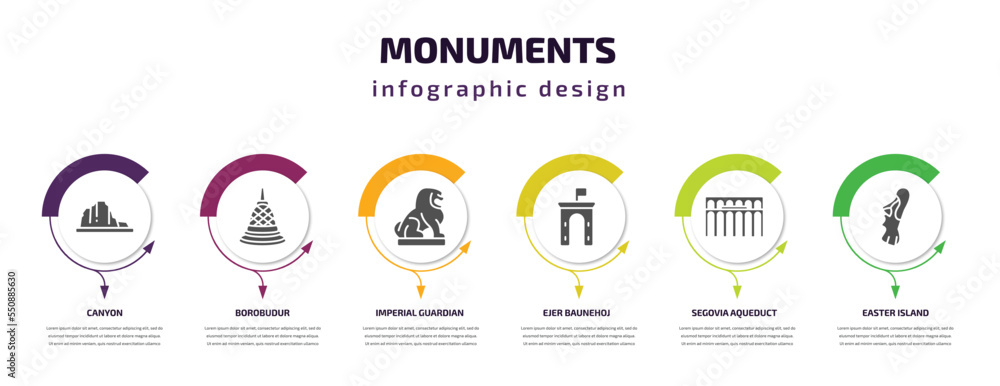 Poster monuments infographic element with filled icons and 6 step or option. monuments icons such as canyon