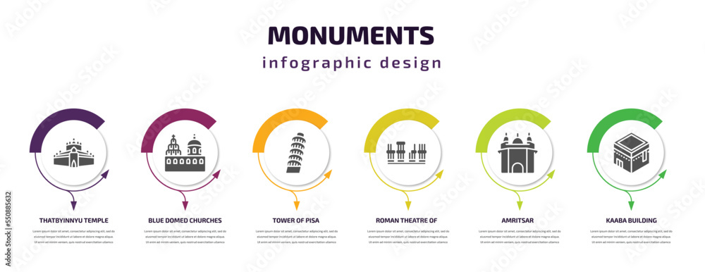 Poster monuments infographic element with filled icons and 6 step or option. monuments icons such as thatby