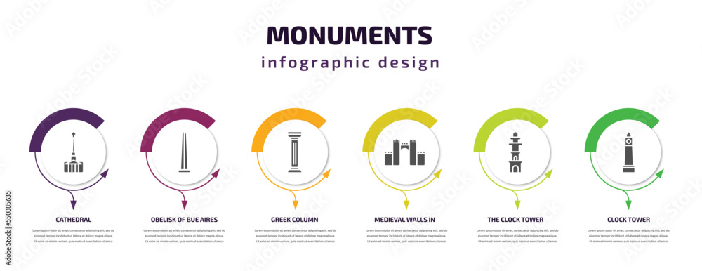 Aufkleber monuments infographic element with filled icons and 6 step or option. monuments icons such as cathed