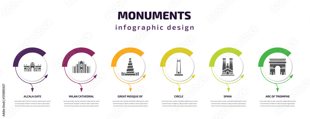 Aufkleber monuments infographic element with filled icons and 6 step or option. monuments icons such as alcala