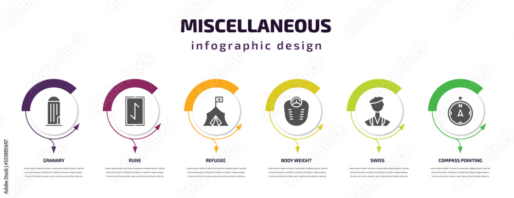 Poster miscellaneous infographic element with filled icons and 6 step or option. miscellaneous icons such a