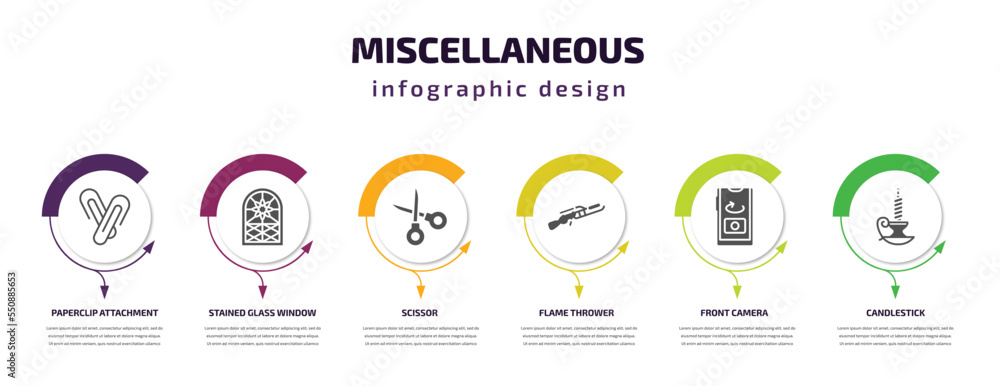 Poster miscellaneous infographic element with filled icons and 6 step or option. miscellaneous icons such a