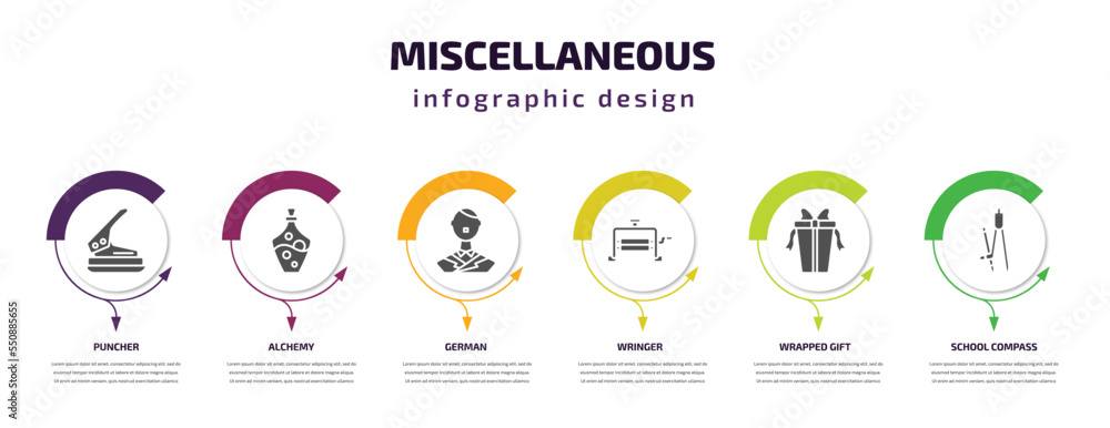 Poster miscellaneous infographic element with filled icons and 6 step or option. miscellaneous icons such a