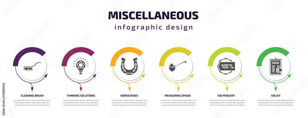 Poster miscellaneous infographic element with filled icons and 6 step or option. miscellaneous icons such a