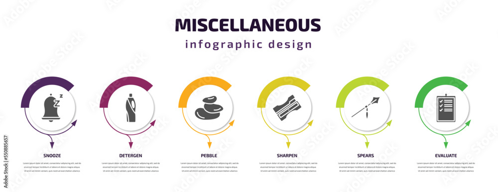 Poster miscellaneous infographic element with filled icons and 6 step or option. miscellaneous icons such a