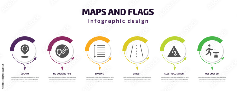 Poster maps and flags infographic element with filled icons and 6 step or option. maps and flags icons such