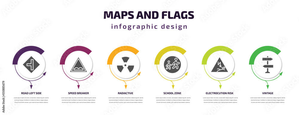 Poster maps and flags infographic element with filled icons and 6 step or option. maps and flags icons such