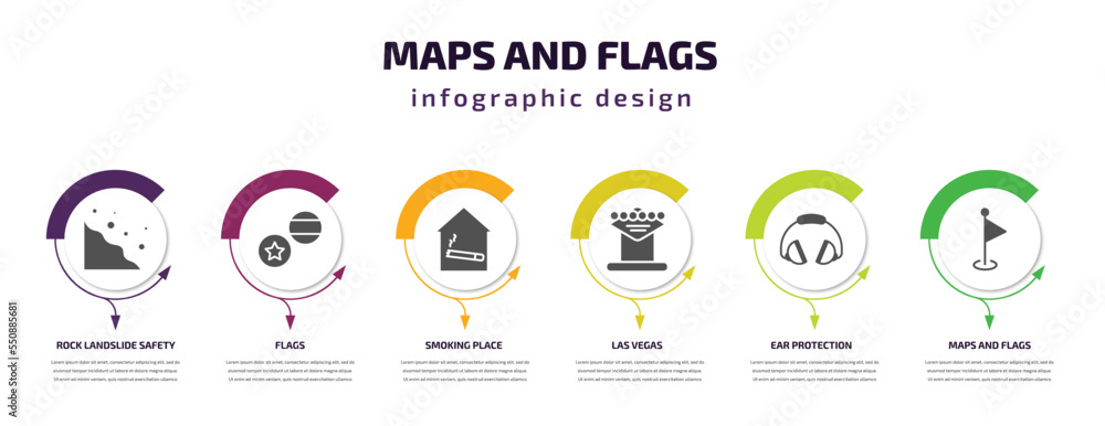 Poster maps and flags infographic element with filled icons and 6 step or option. maps and flags icons such