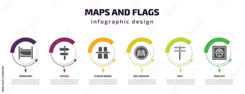 Poster maps and flags infographic element with filled icons and 6 step or option. maps and flags icons such