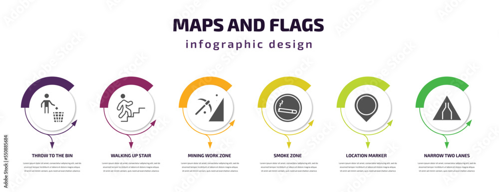 Poster maps and flags infographic element with filled icons and 6 step or option. maps and flags icons such
