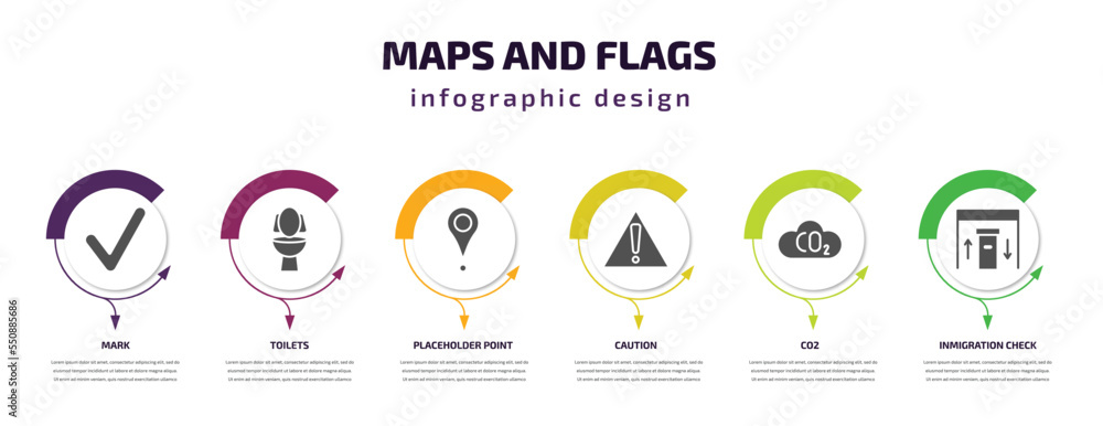 Poster maps and flags infographic element with filled icons and 6 step or option. maps and flags icons such
