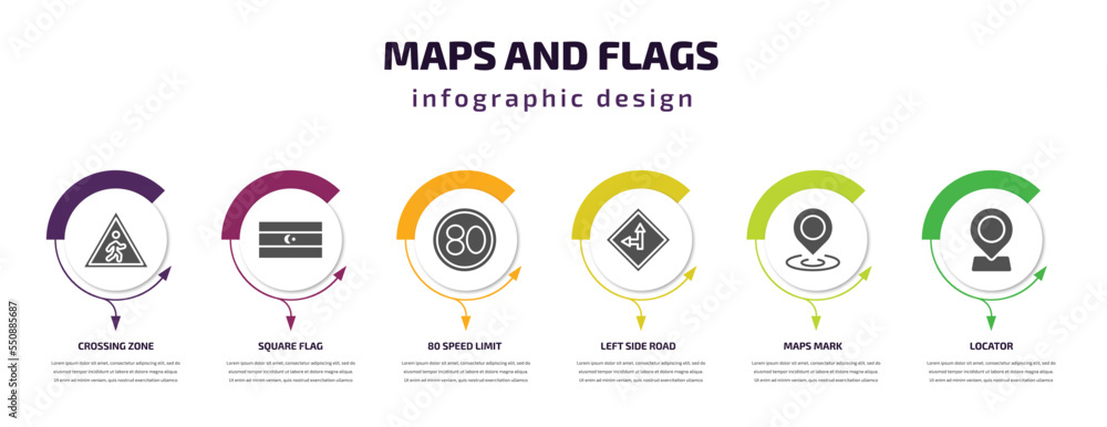 Poster maps and flags infographic element with filled icons and 6 step or option. maps and flags icons such
