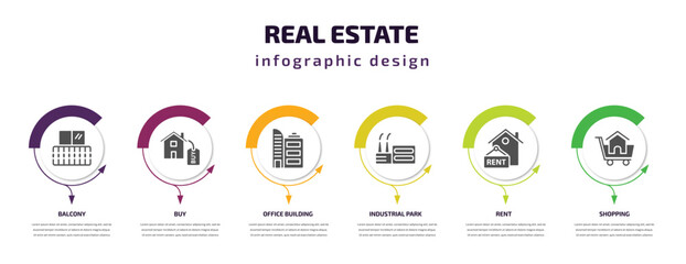 real estate infographic element with filled icons and 6 step or option. real estate icons such as balcony, buy, office building, industrial park, rent, shopping vector. can be used for banner, info