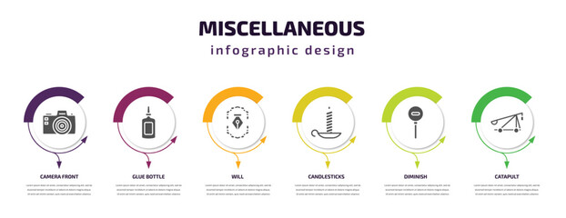 miscellaneous infographic element with filled icons and 6 step or option. miscellaneous icons such as camera front, glue bottle, will, candlesticks, diminish, catapult vector. can be used for
