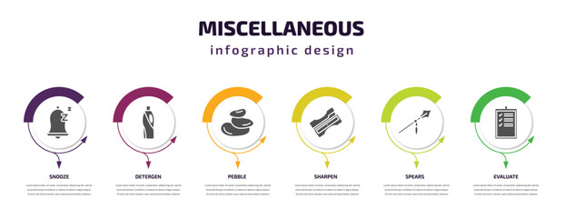 miscellaneous infographic element with filled icons and 6 step or option. miscellaneous icons such as snooze, detergen, pebble, sharpen, spears, evaluate vector. can be used for banner, info graph,