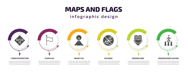 maps and flags infographic element with filled icons and 6 step or option. maps and flags icons such as t road intersection, plain flag, mount fuji, no skiing, reading zone, crossing road caution