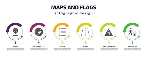 Fototapeta premium maps and flags infographic element with filled icons and 6 step or option. maps and flags icons such as locato, no smoking pipe, spacing, street, electrocutation danger, use dust bin vector. can be