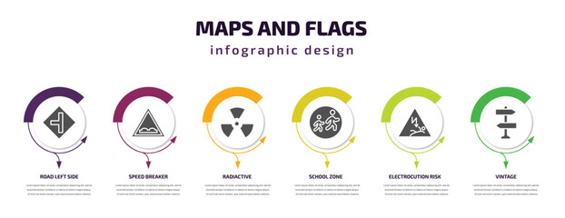 maps and flags infographic element with filled icons and 6 step or option. maps and flags icons such as road left side, speed breaker, radiactive, school zone, electrocution risk, vintage vector.