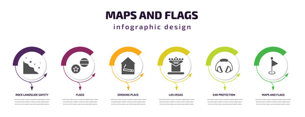 maps and flags infographic element with filled icons and 6 step or option. maps and flags icons such as rock landslide safety, flags, smoking place, las vegas, ear protection, maps vector. can be
