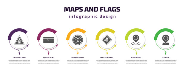 maps and flags infographic element with filled icons and 6 step or option. maps and flags icons such as crossing zone, square flag, 80 speed limit, left side road, maps mark, locator vector. can be