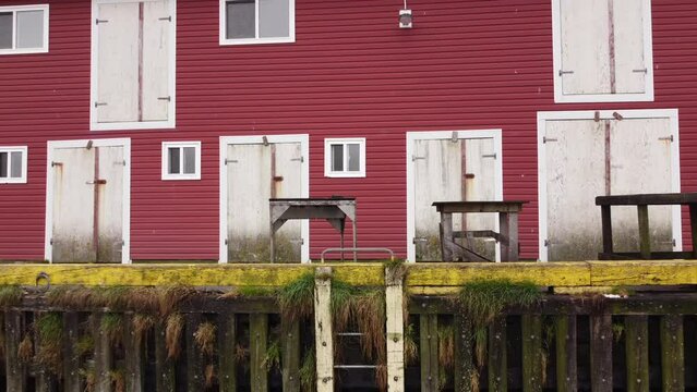 Boat Shed tracking shot of a tackle shed that stores fishing gear on the Atlantic Coast of Canada in Whiteway Newfoundland and Labrador.