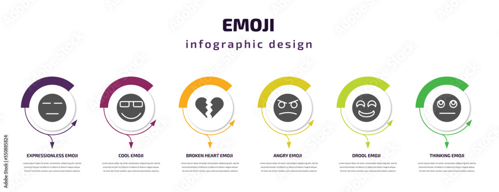 Poster emoji infographic element with filled icons and 6 step or option. emoji icons such as expressionless