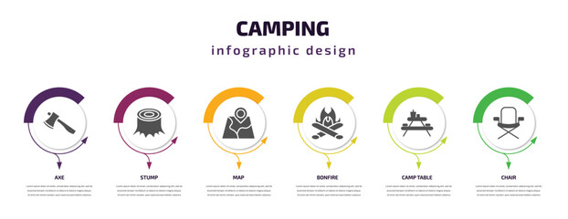 camping infographic element with filled icons and 6 step or option. camping icons such as axe, stump, map, bonfire, camp table, chair vector. can be used for banner, info graph, web.