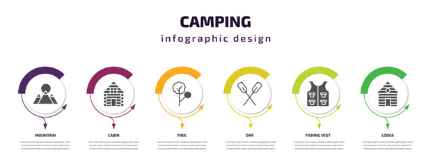 camping infographic element with filled icons and 6 step or option. camping icons such as mountain, cabin, tree, oar, fishing vest, lodge vector. can be used for banner, info graph, web.