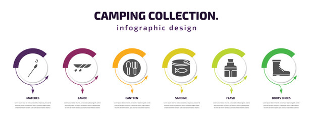 camping collection. infographic element with filled icons and 6 step or option. camping collection. icons such as matches, canoe, canteen, sardine, flask, boots shoes vector. can be used for banner,
