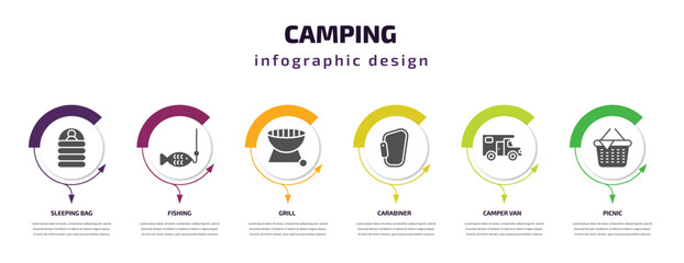 camping infographic element with filled icons and 6 step or option. camping icons such as sleeping bag, fishing, grill, carabiner, camper van, picnic vector. can be used for banner, info graph, web.