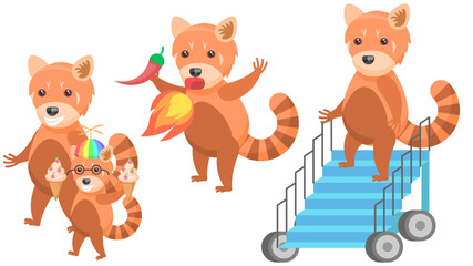 Set Abstract Collection Flat Cartoon Different Animal Red Pandas Ate Pepper And Breathes Fire, With Kids And Ice Cream, Descends From The Plane Vector Design Style Elements Fauna Wild