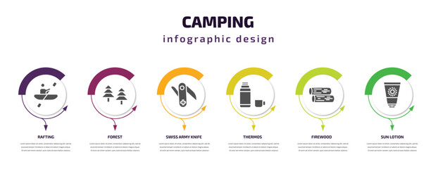 camping infographic element with filled icons and 6 step or option. camping icons such as rafting, forest, swiss army knife, thermos, firewood, sun lotion vector. can be used for banner, info graph,